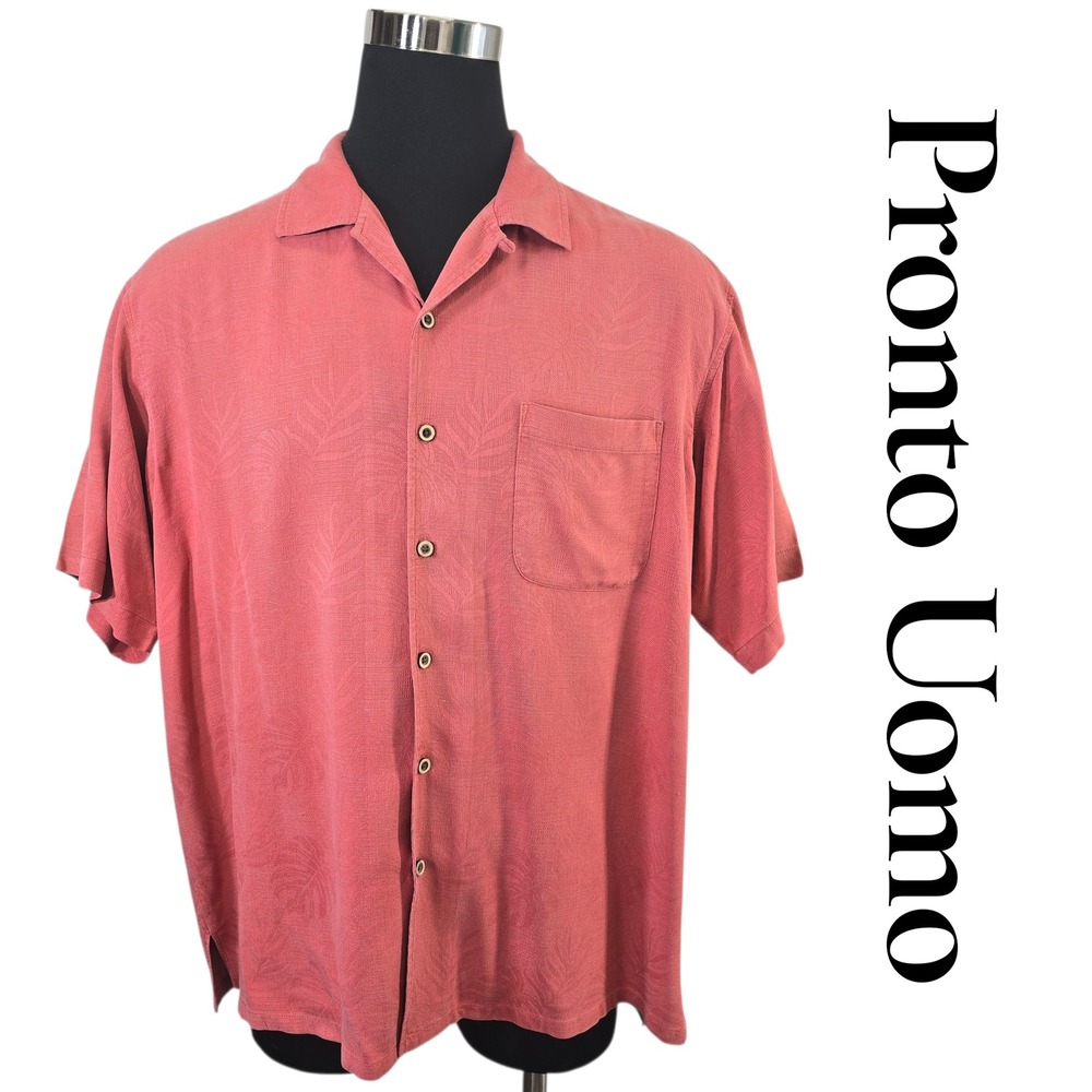 Pronto Uomo Shirt Mens XXL Coral Pink 100% Silk Tropical Palm Camp Button Up Y2K